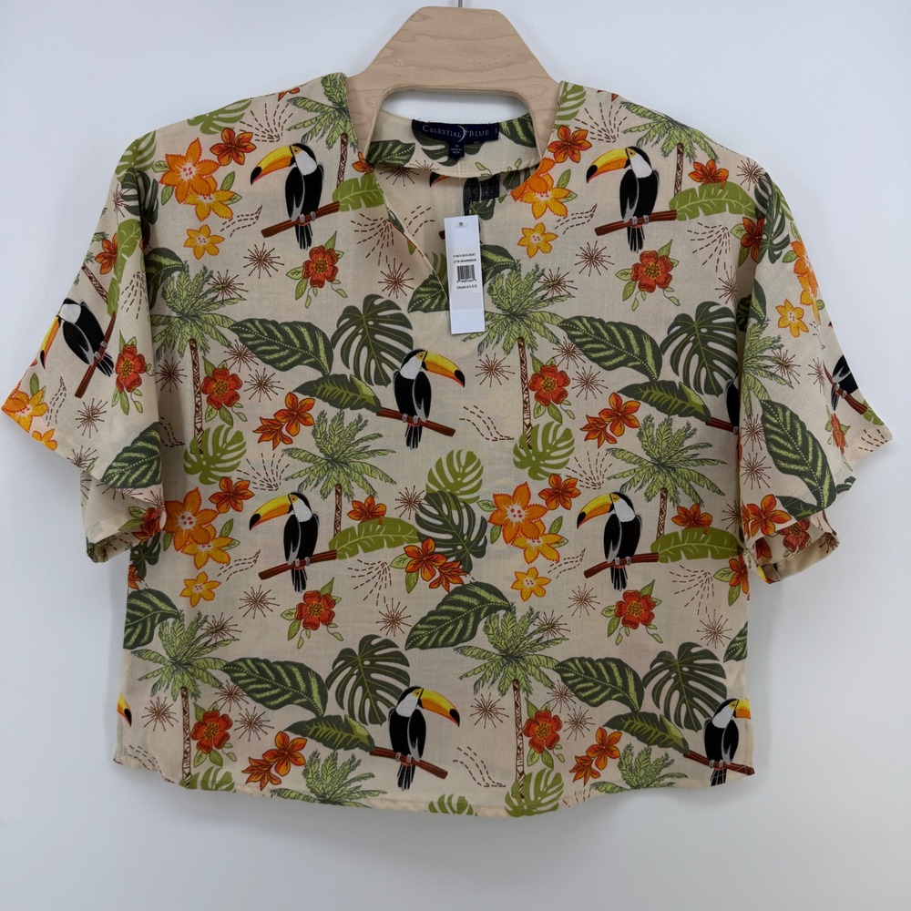 Celestial Blue Toucan Tropical Floral Print Top Short Sleeve 1X NWT